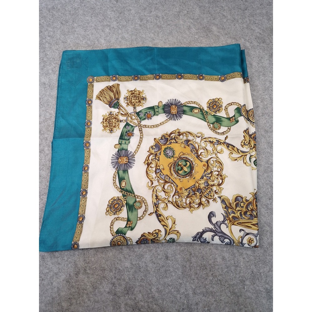Vintage 100% Silk Square Scarf Teal Gold Crown Fleur-de-Lis Baroque 30x30
